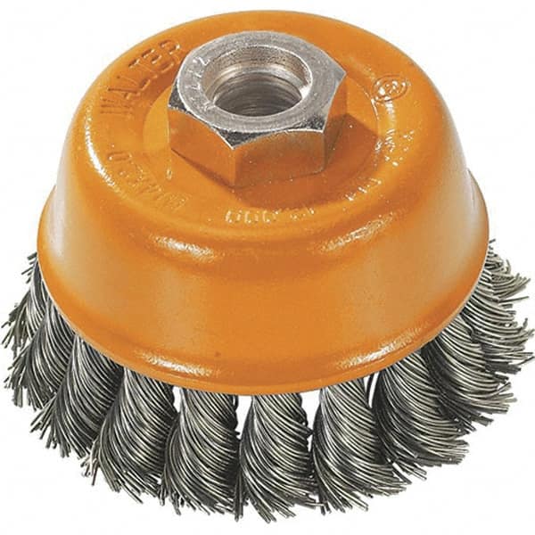 WALTER Surface Technologies - 3" Diam, M14x2.00 Threaded Arbor, Steel Fill Cup Brush - 0.015 Wire Diam, 12,000 Max RPM - A1 Tooling