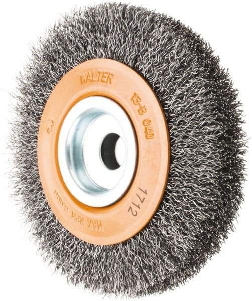 WALTER Surface Technologies - 4" OD, 1/2" Arbor Hole, Crimped Steel Wheel Brush - 3/4" Face Width, 0.0118" Filament Diam, 6,000 RPM - A1 Tooling