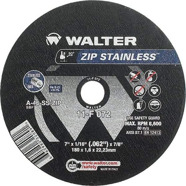 WALTER Surface Technologies - 7" 46 Grit Aluminum Oxide/Silicon Carbide Blend Cutoff Wheel - 1/16" Thick, 7/8" Arbor, 8,600 Max RPM, Use with Angle Grinders - A1 Tooling