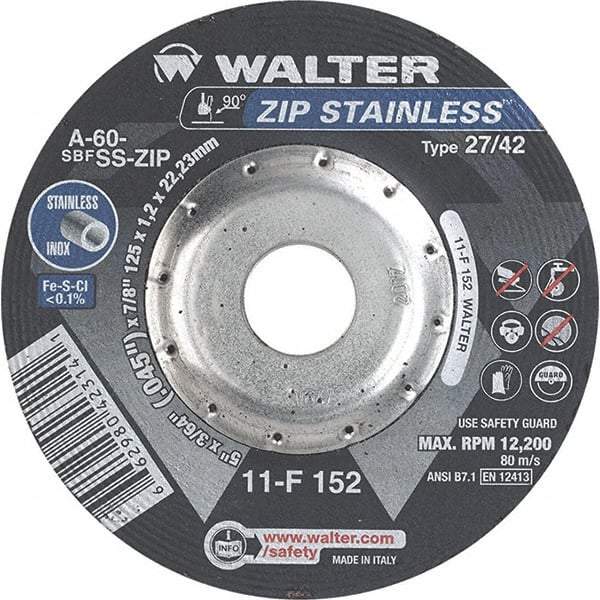 WALTER Surface Technologies - 60 Grit, 5" Wheel Diam, 3/64" Wheel Thickness, 7/8" Arbor Hole, Type 27 Depressed Center Wheel - Aluminum Oxide/Silicon Carbide Blend, Resinoid Bond, 12,200 Max RPM - A1 Tooling