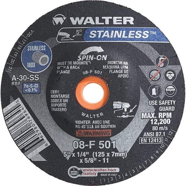 WALTER Surface Technologies - 30 Grit, 5" Wheel Diam, 1/4" Wheel Thickness, Type 28 Depressed Center Wheel - Aluminum Oxide, Resinoid Bond, 12,200 Max RPM - A1 Tooling