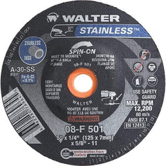 WALTER Surface Technologies - 30 Grit, 5" Wheel Diam, 1/4" Wheel Thickness, Type 28 Depressed Center Wheel - Aluminum Oxide, Resinoid Bond, 12,200 Max RPM - A1 Tooling