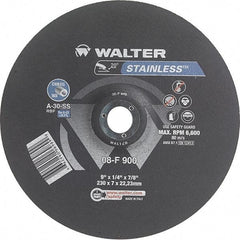 WALTER Surface Technologies - 30 Grit, 9" Wheel Diam, 1/4" Wheel Thickness, 7/8" Arbor Hole, Type 27 Depressed Center Wheel - Aluminum Oxide, Resinoid Bond, 6,600 Max RPM - A1 Tooling