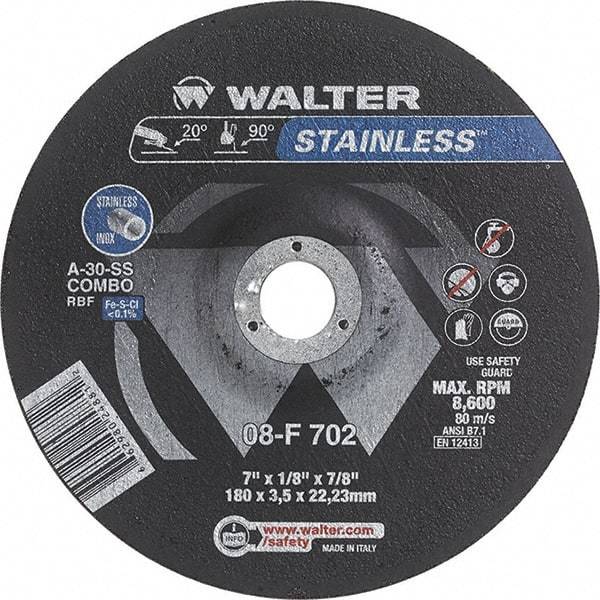 WALTER Surface Technologies - 30 Grit, 7" Wheel Diam, 1/8" Wheel Thickness, 7/8" Arbor Hole, Type 27 Depressed Center Wheel - Aluminum Oxide, Resinoid Bond, 8,600 Max RPM - A1 Tooling