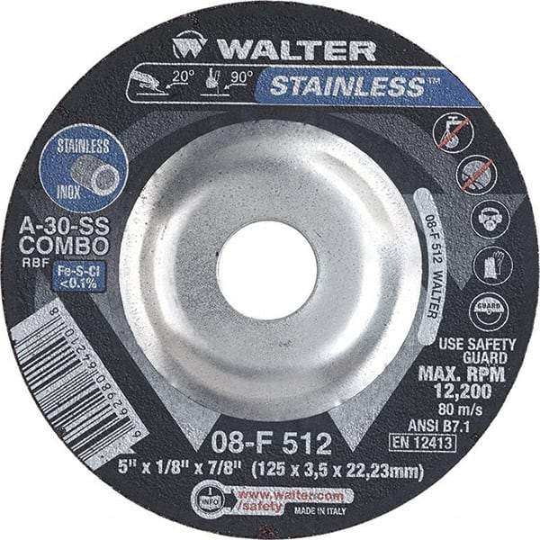 WALTER Surface Technologies - 30 Grit, 5" Wheel Diam, 1/8" Wheel Thickness, 7/8" Arbor Hole, Type 27 Depressed Center Wheel - Aluminum Oxide, Resinoid Bond, 12,200 Max RPM - A1 Tooling