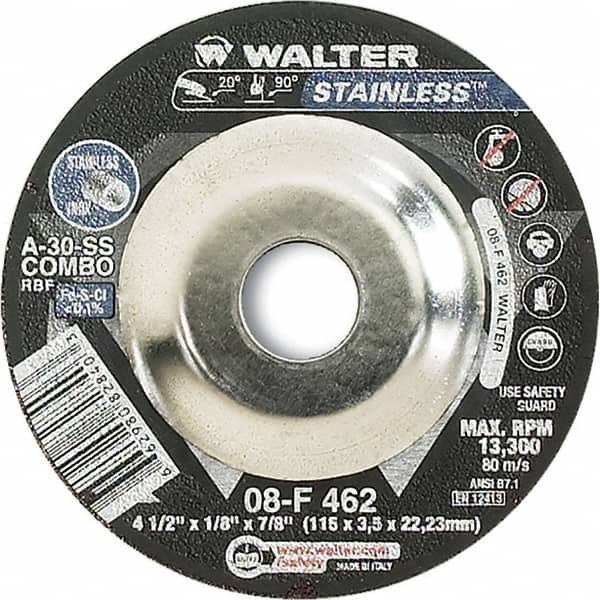 WALTER Surface Technologies - 30 Grit, 4-1/2" Wheel Diam, 1/8" Wheel Thickness, 7/8" Arbor Hole, Type 27 Depressed Center Wheel - Aluminum Oxide, Resinoid Bond, 13,300 Max RPM - A1 Tooling