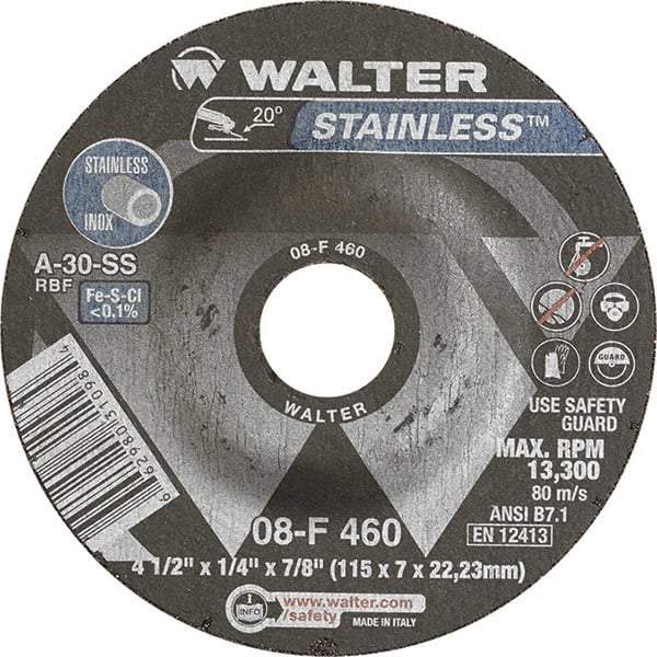 WALTER Surface Technologies - 30 Grit, 4-1/2" Wheel Diam, 1/4" Wheel Thickness, 7/8" Arbor Hole, Type 27 Depressed Center Wheel - Aluminum Oxide, Resinoid Bond, 13,300 Max RPM - A1 Tooling