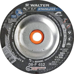 WALTER Surface Technologies - 30 Grit, 4-1/2" Wheel Diam, 1/8" Wheel Thickness, Type 27 Depressed Center Wheel - Aluminum Oxide, Resinoid Bond, 13,300 Max RPM - A1 Tooling