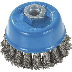 WALTER Surface Technologies - 3" Diam, M14x2.00 Threaded Arbor, Stainless Steel Fill Cup Brush - 0.015 Wire Diam, 12,000 Max RPM - A1 Tooling