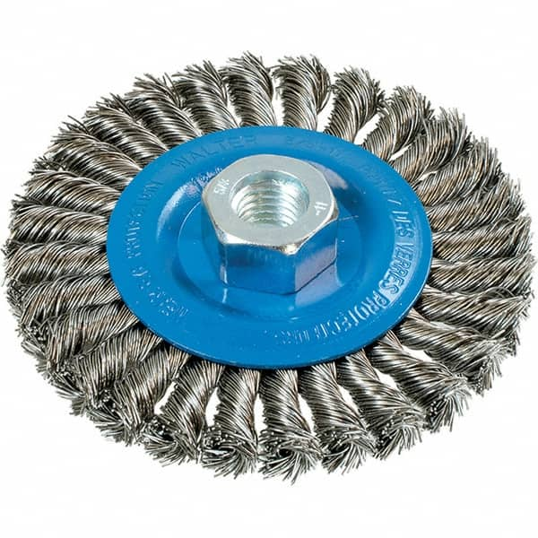 WALTER Surface Technologies - 4-1/2" OD, 5/8-11 Arbor Hole, Knotted Stainless Steel Wheel Brush - 3/8" Face Width, 0.02" Filament Diam, 15,000 RPM - A1 Tooling