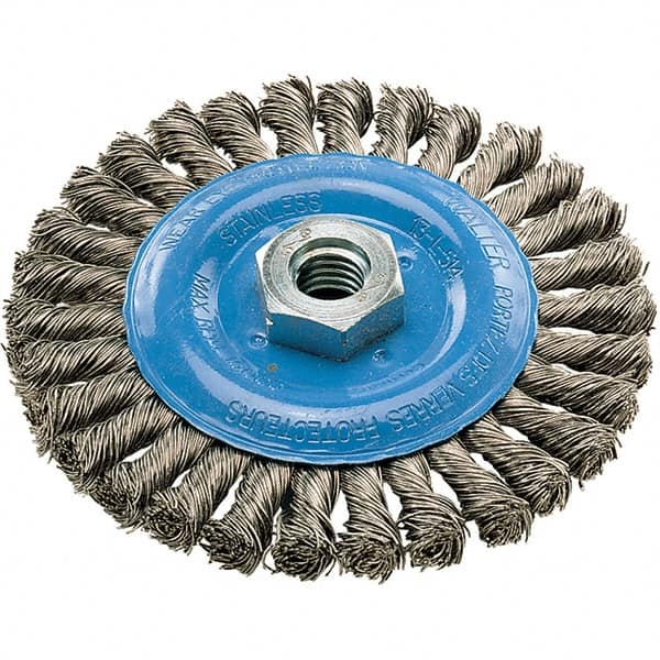 WALTER Surface Technologies - 5" OD, 5/8-11 Arbor Hole, Knotted Stainless Steel Wheel Brush - 3/8" Face Width, 0.02" Filament Diam, 15,000 RPM - A1 Tooling