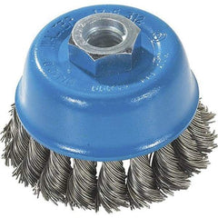 WALTER Surface Technologies - 3" Diam, M10x1.25 Threaded Arbor, Stainless Steel Fill Cup Brush - 0.015 Wire Diam, 12,000 Max RPM - A1 Tooling