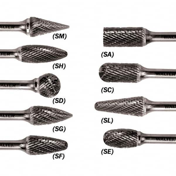 WALTER Surface Technologies - 1/2" Cut Diam, 1/4" Shank Diam, Cylinder Ball End Head Single Cut Burr - Carbide, 1" LOC - A1 Tooling