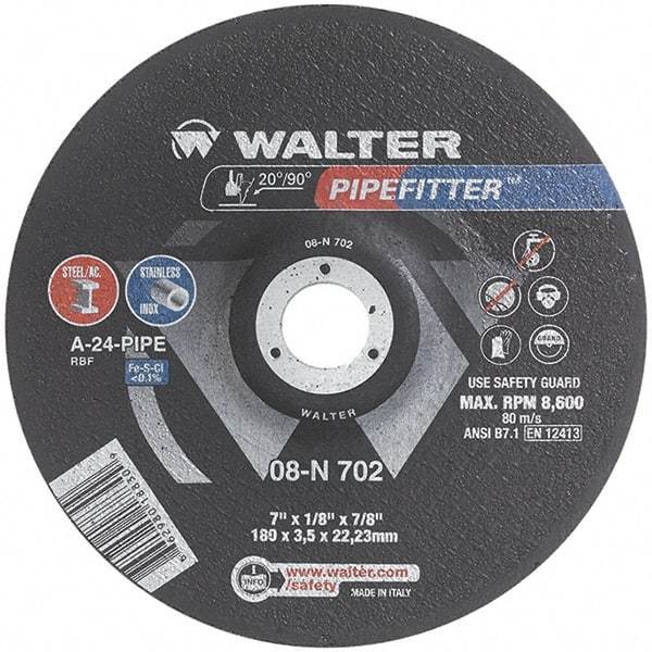 WALTER Surface Technologies - 24 Grit, 7" Wheel Diam, 1/8" Wheel Thickness, 7/8" Arbor Hole, Type 27 Depressed Center Wheel - Aluminum Oxide/Silicon Carbide Blend, Resinoid Bond, 8,600 Max RPM, Compatible with Angle Grinder - A1 Tooling