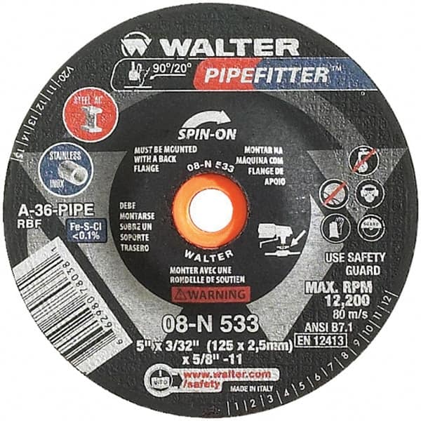 WALTER Surface Technologies - 36 Grit, 5" Wheel Diam, 3/32" Wheel Thickness, Type 27 Depressed Center Wheel - Aluminum Oxide/Silicon Carbide Blend, Resinoid Bond, 12,200 Max RPM - A1 Tooling