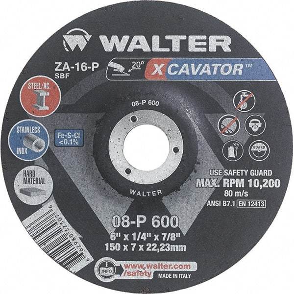 WALTER Surface Technologies - 16 Grit, 6" Wheel Diam, 1/4" Wheel Thickness, 7/8" Arbor Hole, Type 27 Depressed Center Wheel - Aluminum Oxide, Resinoid Bond, 10,200 Max RPM - A1 Tooling