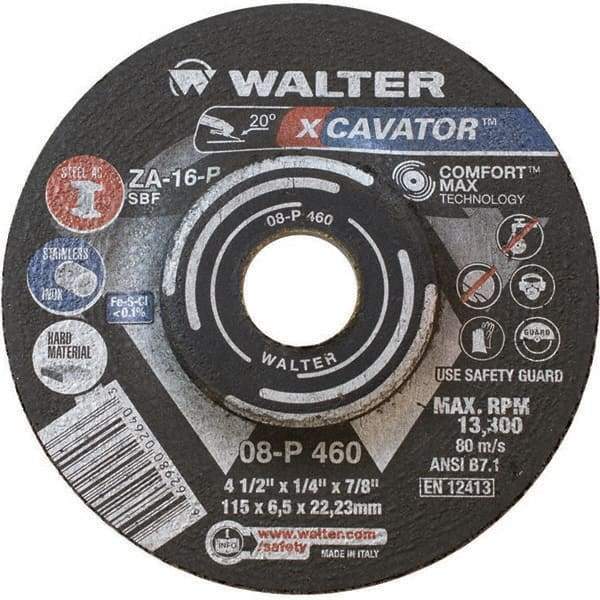 WALTER Surface Technologies - 16 Grit, 4-1/2" Wheel Diam, 1/4" Wheel Thickness, 7/8" Arbor Hole, Type 27 Depressed Center Wheel - Aluminum Oxide, Resinoid Bond, 13,300 Max RPM - A1 Tooling