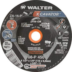 WALTER Surface Technologies - 16 Grit, 4-1/2" Wheel Diam, 1/4" Wheel Thickness, Type 27 Depressed Center Wheel - Aluminum Oxide, Resinoid Bond, 13,300 Max RPM - A1 Tooling