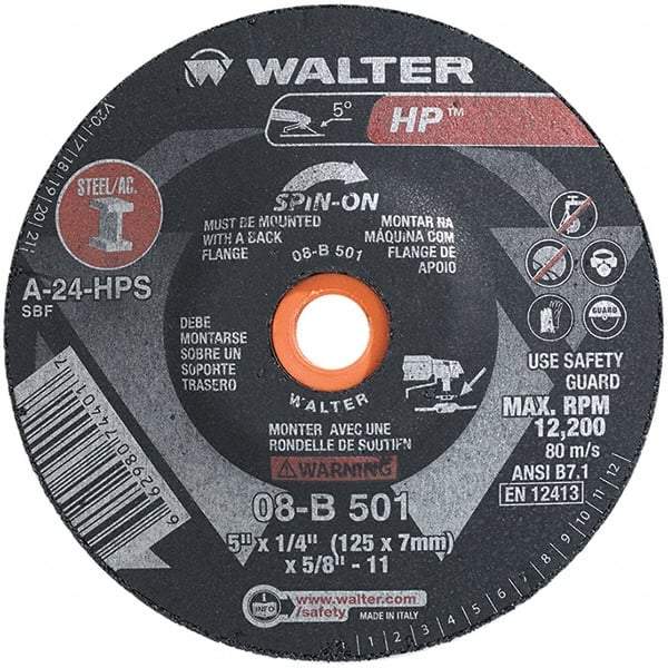 WALTER Surface Technologies - 24 Grit, 5" Wheel Diam, 1/4" Wheel Thickness, Type 28 Depressed Center Wheel - Aluminum Oxide, Resinoid Bond, 12,200 Max RPM - A1 Tooling