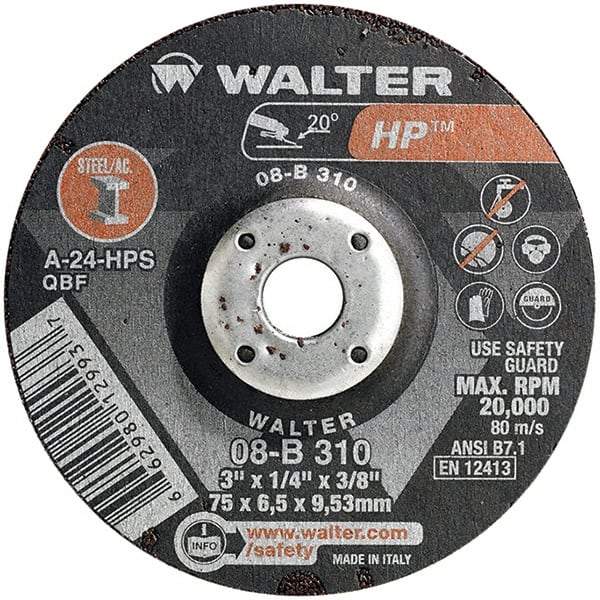 WALTER Surface Technologies - 24 Grit, 3" Wheel Diam, 1/4" Wheel Thickness, 3/8" Arbor Hole, Type 27 Depressed Center Wheel - Aluminum Oxide, Resinoid Bond, 20,000 Max RPM - A1 Tooling