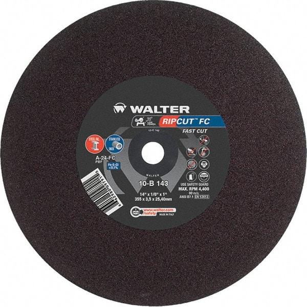 WALTER Surface Technologies - 14" 24 Grit Aluminum Oxide Cutoff Wheel - 1/8" Thick, 1" Arbor, 4,400 Max RPM, Use with Stationary Tools - A1 Tooling