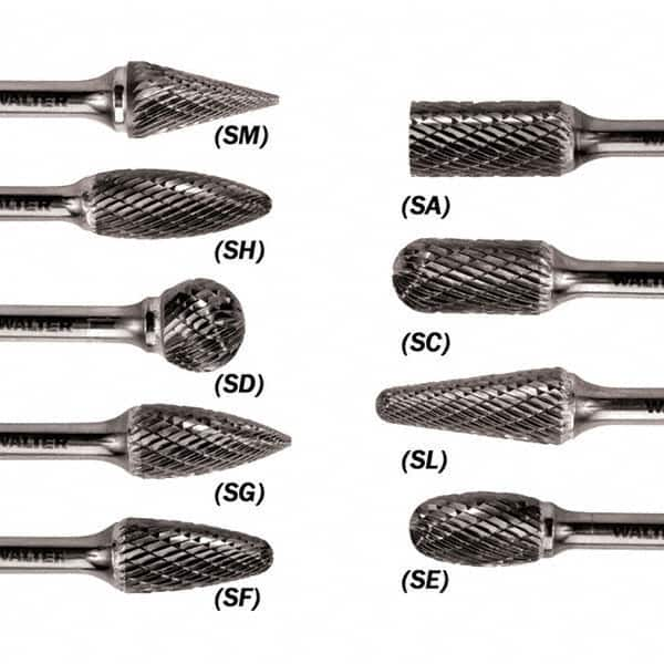 WALTER Surface Technologies - 5/16" Cut Diam, 1/4" Shank Diam, Taper Head Double Cut Burr - Carbide, 3/4" LOC - A1 Tooling