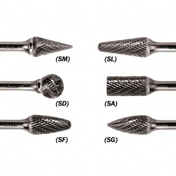 WALTER Surface Technologies - 1/8" Cut Diam, 1/8" Shank Diam, Cone Head Double Cut Burr - Carbide, 1/2" LOC - A1 Tooling