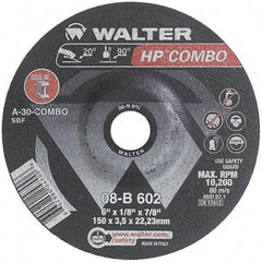 WALTER Surface Technologies - 30 Grit, 6" Wheel Diam, 1/8" Wheel Thickness, 7/8" Arbor Hole, Type 27 Depressed Center Wheel - Aluminum Oxide, Resinoid Bond, 10,200 Max RPM - A1 Tooling