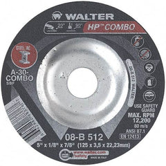 WALTER Surface Technologies - 30 Grit, 5" Wheel Diam, 1/8" Wheel Thickness, 7/8" Arbor Hole, Type 27 Depressed Center Wheel - Aluminum Oxide, Resinoid Bond, 12,200 Max RPM - A1 Tooling