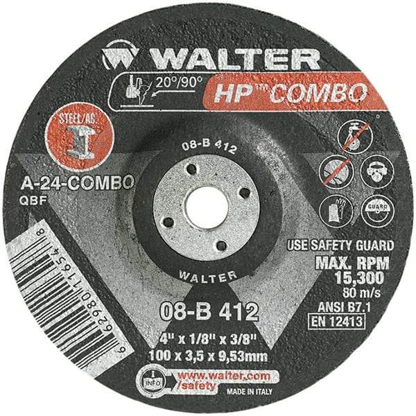 WALTER Surface Technologies - 24 Grit, 4" Wheel Diam, 1/8" Wheel Thickness, 3/8" Arbor Hole, Type 27 Depressed Center Wheel - Aluminum Oxide, Resinoid Bond, 15,000 Max RPM - A1 Tooling