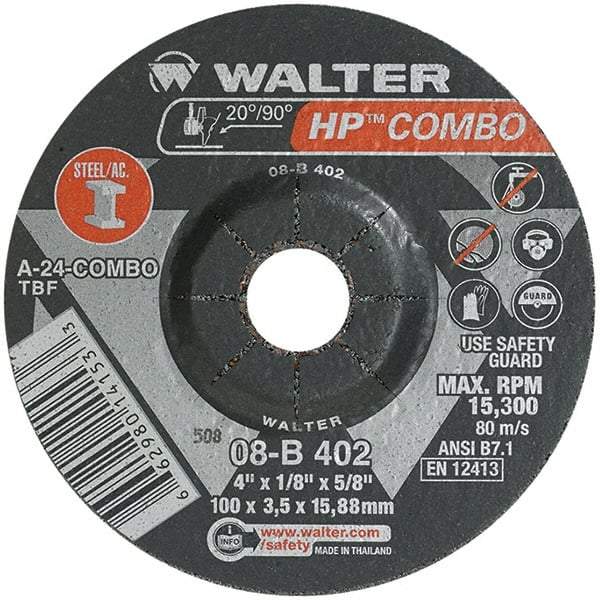 WALTER Surface Technologies - 24 Grit, 4" Wheel Diam, 1/8" Wheel Thickness, 5/8" Arbor Hole, Type 27 Depressed Center Wheel - Aluminum Oxide, Resinoid Bond, 15,000 Max RPM - A1 Tooling