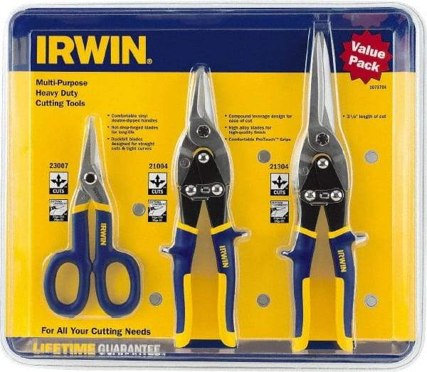 Irwin - 3 Piece Aviation Snip Set - Left, Right, Straight, 7, 10, 11-3/4" OAL, 1-5/16, 2, 3-1/8" LOC - A1 Tooling