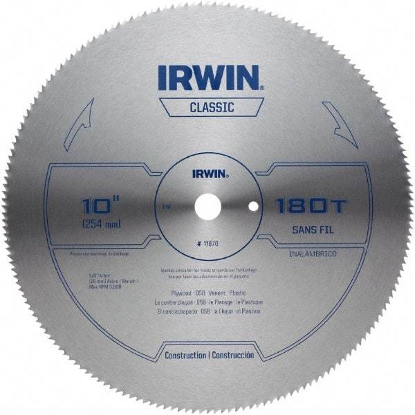 Irwin - 10" Diam, 5/8" Arbor Hole Diam, 180 Tooth Wet & Dry Cut Saw Blade - High Carbon Steel, Smooth Action, Standard Round Arbor - A1 Tooling