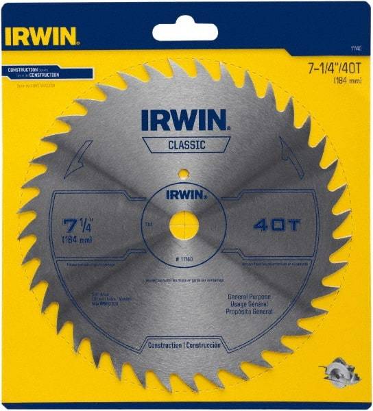 Irwin Blades - 7-1/4" Diam, 5/8" Arbor Hole Diam, 40 Tooth Wet & Dry Cut Saw Blade - High Carbon Steel, Smooth Action, Diamond Arbor - A1 Tooling