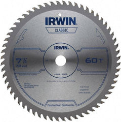 Irwin Blades - 7-1/4" Diam, 5/8" Arbor Hole Diam, 60 Tooth Wet & Dry Cut Saw Blade - Carbide-Tipped, Smooth Action, Diamond Arbor - A1 Tooling