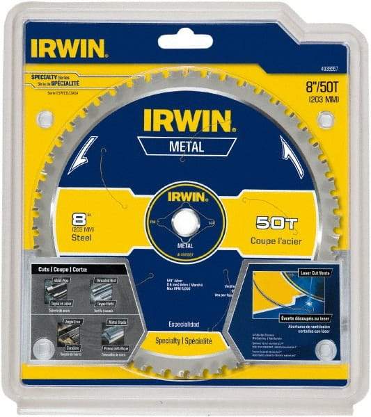 Irwin Blades - 8" Diam, 5/8" Arbor Hole Diam, 50 Tooth Wet & Dry Cut Saw Blade - Carbide-Tipped, Smooth Action, Standard Round Arbor - A1 Tooling