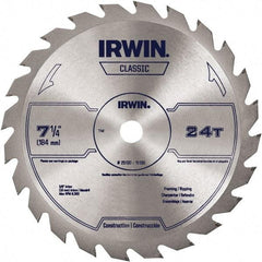 Irwin Blades - 7-1/4" Diam, 5/8" Arbor Hole Diam, 24 Tooth Wet & Dry Cut Saw Blade - Carbide-Tipped, Smooth Action, Diamond Arbor - A1 Tooling