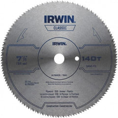 Irwin Blades - 7-1/4" Diam, 5/8" Arbor Hole Diam, 140 Tooth Wet & Dry Cut Saw Blade - High Carbon Steel, Smooth Action, Diamond Arbor - A1 Tooling