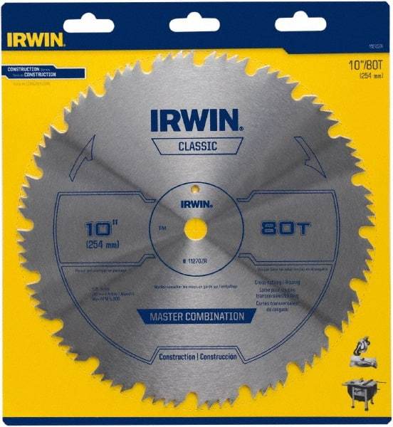 Irwin Blades - 10" Diam, 5/8" Arbor Hole Diam, 80 Tooth Wet & Dry Cut Saw Blade - High Carbon Steel, Smooth Action, Standard Round Arbor - A1 Tooling