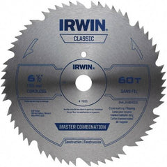 Irwin - 6-1/2" Diam, 5/8" Arbor Hole Diam, 60 Tooth Wet & Dry Cut Saw Blade - High Carbon Steel, Smooth Action, Standard Round Arbor - A1 Tooling