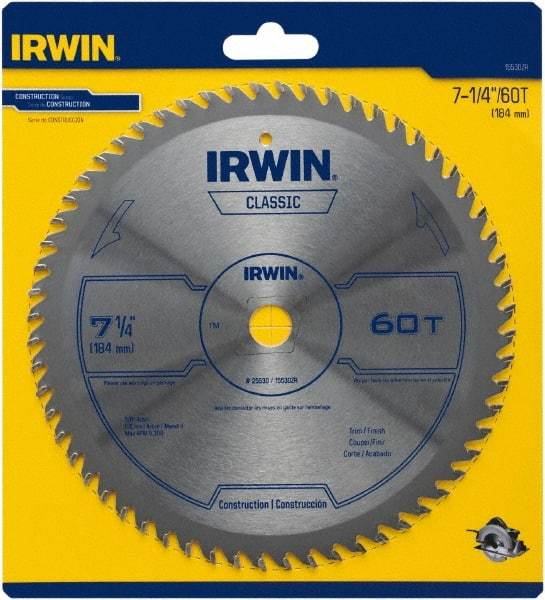 Irwin Blades - 7-1/4" Diam, 5/8" Arbor Hole Diam, 60 Tooth Wet & Dry Cut Saw Blade - Carbide-Tipped, Smooth Action, Diamond Arbor - A1 Tooling