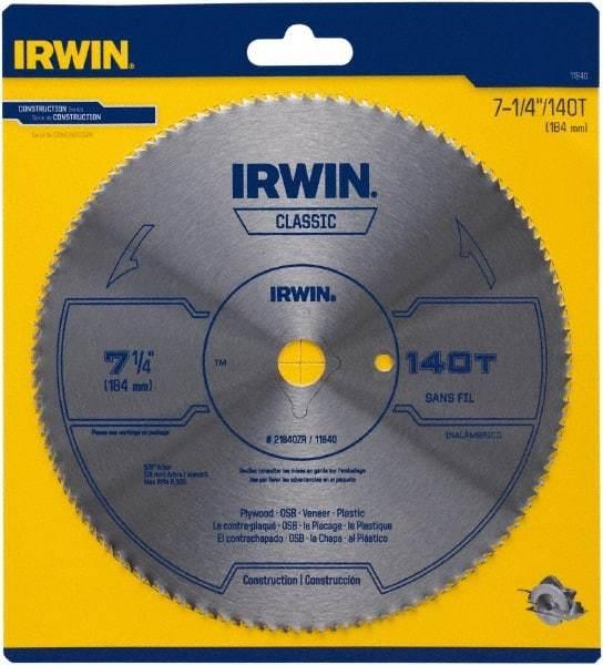 Irwin Blades - 7-1/4" Diam, 5/8" Arbor Hole Diam, 140 Tooth Wet & Dry Cut Saw Blade - High Carbon Steel, Smooth Action, Diamond Arbor - A1 Tooling