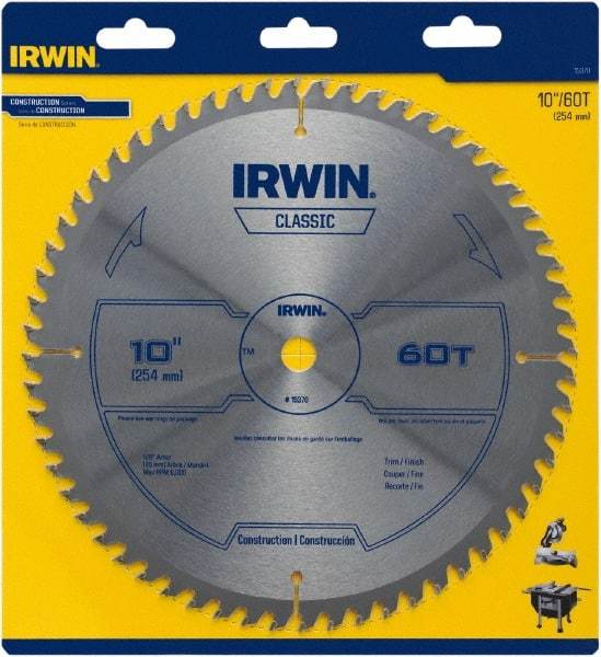 Irwin Blades - 10" Diam, 5/8" Arbor Hole Diam, 60 Tooth Wet & Dry Cut Saw Blade - Carbide-Tipped, Smooth Action, Standard Round Arbor - A1 Tooling