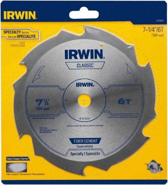 Irwin Blades - 7-1/4" Diam, 5/8" Arbor Hole Diam, 6 Tooth Wet & Dry Cut Saw Blade - Diamond-Tipped, Smooth Action, Diamond Arbor - A1 Tooling