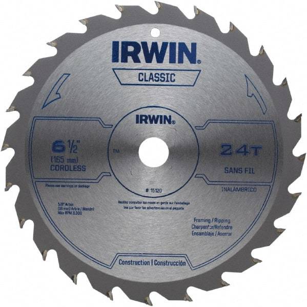 Irwin - 6-1/2" Diam, 5/8" Arbor Hole Diam, 24 Tooth Wet & Dry Cut Saw Blade - Carbide-Tipped, Smooth Action, Diamond Arbor - A1 Tooling