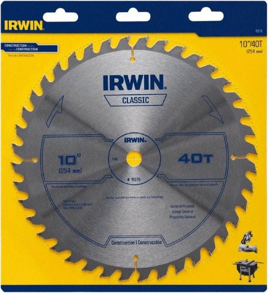 Irwin Blades - 10" Diam, 5/8" Arbor Hole Diam, 40 Tooth Wet & Dry Cut Saw Blade - Carbide-Tipped, Smooth Action, Diamond Arbor - A1 Tooling