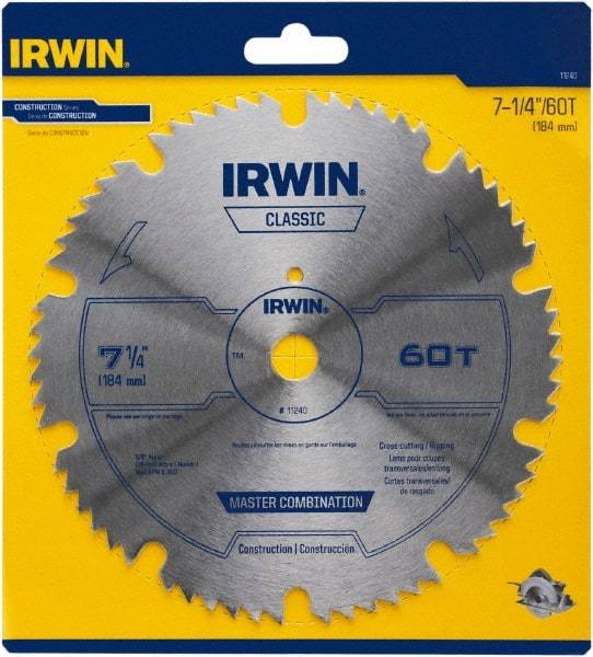 Irwin Blades - 7-1/4" Diam, 5/8" Arbor Hole Diam, 60 Tooth Wet & Dry Cut Saw Blade - High Carbon Steel, Smooth Action, Diamond Arbor - A1 Tooling