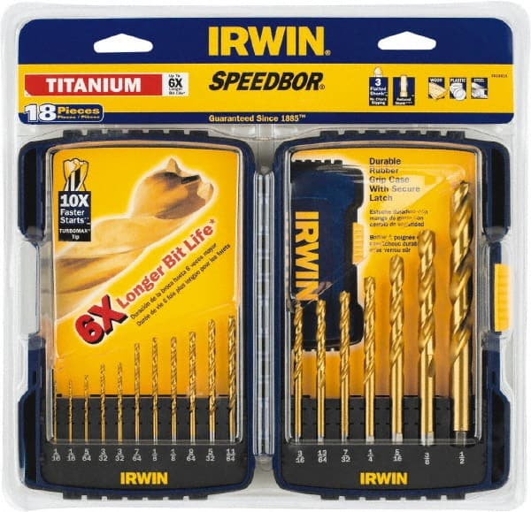 Irwin - 1/16 to 1/2", TiN Finish, High Speed Steel Jobber Length Drill Bit Set - A1 Tooling