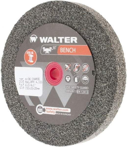 WALTER Surface Technologies - 36 Grit Aluminum Oxide Bench & Pedestal Grinding Wheel - 6" Diam x 1" Hole x 3/4" Thick, 4100 Max RPM, Coarse Grade, Vitrified Bond - A1 Tooling