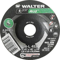 WALTER Surface Technologies - 24 Grit, 4-1/2" Wheel Diam, 1/8" Wheel Thickness, 7/8" Arbor Hole, Type 27 Depressed Center Wheel - Aluminum Oxide, Resinoid Bond, 13,300 Max RPM - A1 Tooling